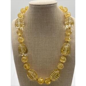 Vintage 18” Lucite Chunky Necklace Gold Wire Spirals & Yellow Swirl Beads